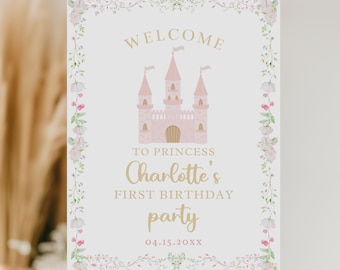 Cartello di benvenuto per il compleanno di Once Upon a Time, cartello di benvenuto per il primo compleanno della principessa, cartello per il compleanno a tema principessa, modello modificabile, h723