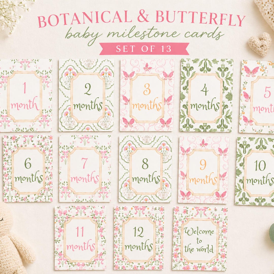 Floral Baby Milestone Cards, Botanical Butterfly, Baby Shower Gift ...