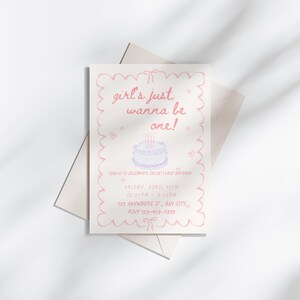 May include: Pink and white birthday invitation with a pink and purple cake with candles and the text "girl's just wanna be one!"  Join us to celebrate Chloe's first birthday. Friday, April 17th, 12:00pm - 5:00pm, 123 Anywhere St., Any City, RSVP 123-456-7890