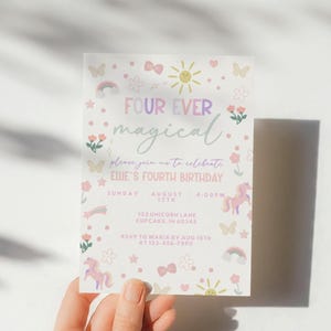 May include: A pastel-colored birthday invitation with the text "FOUR EVER magical" and "ELLIE'S FOURTH BIRTHDAY." The design includes unicorns, rainbows, flowers, and butterflies. The invitation also includes the date, time, and location.