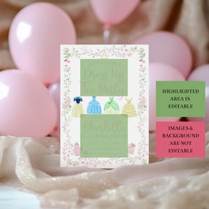Puede incluir: Una invitaci&oacute;n a una fiesta con el texto "Dress Up Tea Party" y "La Princesa Charlotte cumple cuatro a&ntilde;os". La invitaci&oacute;n presenta ilustraciones de vestidos de princesa y est&aacute; rodeada de detalles florales. Globos rosas en el fondo.