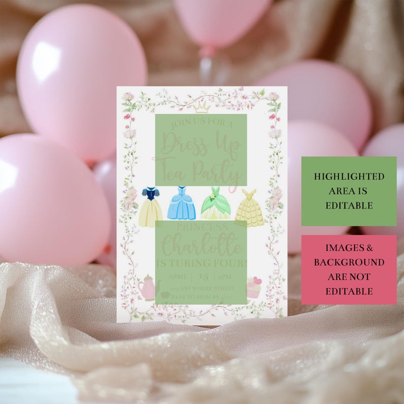 Puede incluir: Una invitaci&oacute;n a una fiesta con el texto "Dress Up Tea Party" y "La Princesa Charlotte cumple cuatro a&ntilde;os". La invitaci&oacute;n presenta ilustraciones de vestidos de princesa y est&aacute; rodeada de detalles florales. Globos rosas en el fondo.