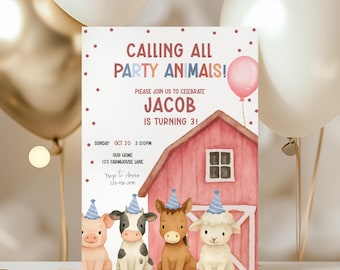 Farm Birthday Invitation Template, Party Animals Invite, Barnyard Party, Petting Zoo Birthday Party, Farm Animals Party, Editable Farm Party