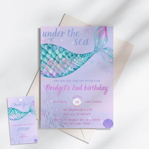 Invitation d'anniversaire de sirène sous la mer imprimable numérique, invitation de fête de sirène pour filles avec étiquette de remerciement, carte d'anniversaire sur le thème de l'océan