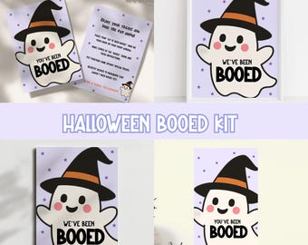 May include: A Halloween-themed "Booed" kit featuring a cartoon ghost wearing a witch hat. The kit includes signs with the phrases "You've Been Booed" and "We've Been Booed", along with instructions. The background is a light purple with star accents.