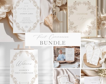 Editable First Communion Bundle Template, Elegant Ivory Beige Holy Communion Set, Digital Download, C2376