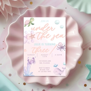 Under the Sea Birthday Invitation Girls Under the Sea Third Birthday Template 3rd Birthday Ocean Animals Under the Sea Invite