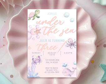 Under the Sea Birthday Invitation Girls Under the Sea Third Birthday Template 3rd Birthday Ocean Animals Under the Sea Invite