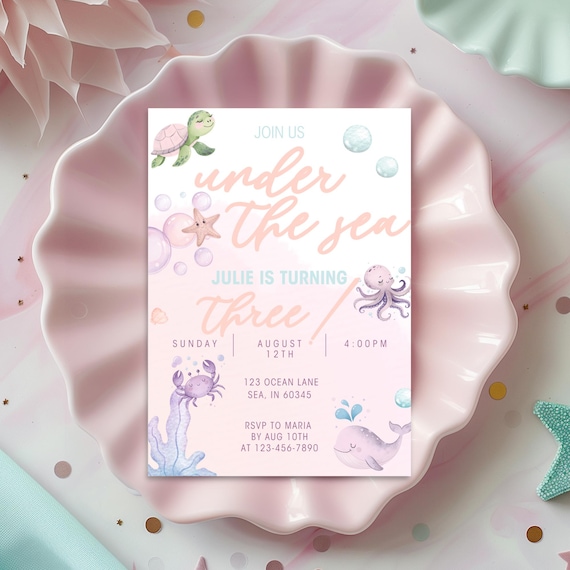 Under the Sea Birthday Invitation Girls Under the Sea Third Birthday Template 3rd Birthday Ocean Animals Under the Sea Invite