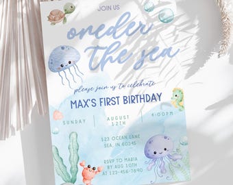 Oneder the Sea Birthday Invitation Blue Under the Sea Editable Template 1st Birthday Ocean Animals Boys Under the Sea Invite Custom Template