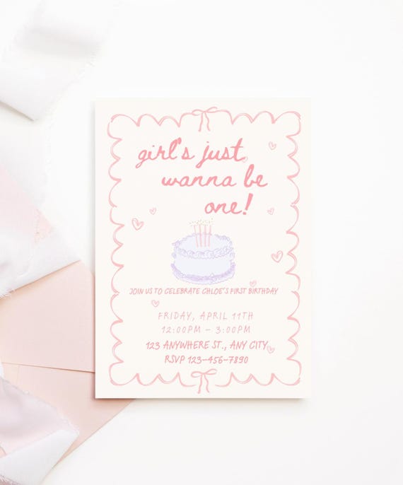 Girls Just Wanna Be One Invitation, Girls First Birthday Invite, Editable Canva Template, Girls Just Wanna Be One Theme Party, Pink Girls