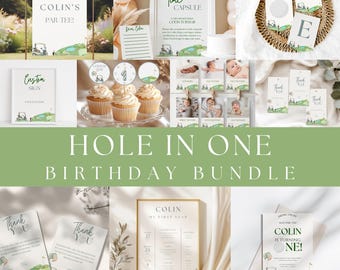 Hole In One Birthday Bundle Hole In One Party Invitation Theme Decorations Golf First Birthday Let's Par-Tee Editable Printable Invite