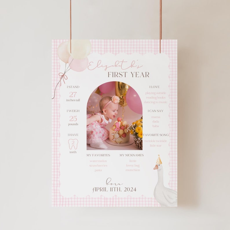 Pu&ograve; includere: Uno sfondo a quadri vichy rosa e bianco con una foto di una bambina in un vestito rosa. Il testo "Elyalth's First Year" &egrave; in cima alla pagina. La pagina include anche informazioni sull'altezza, il peso, i cibi preferiti e la canzone preferita del bambino. Il testo "born April 11th, 2024" &egrave; in fondo alla pagina.