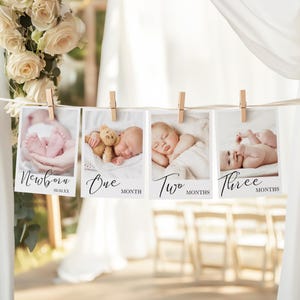 First Birthday Photo Banner Template, Baby&#39;s 1st Year Monthly Milestone Cards, Editable Photo Garland, Instant Download Photo Banner Cards