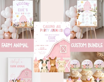 Paquete de invitaciones de cumpleaños con temática de granja para niñas, letrero de bienvenida, tablero de hitos, adorno para cupcakes, invitación personalizada, digital, F3421
