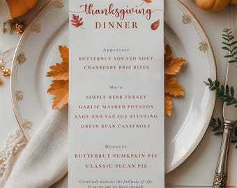 Thanksgiving Dinner Menu Template, Printable Minimalist Fall Dinner Menu, 4x9" Menu Digital Download, H76L