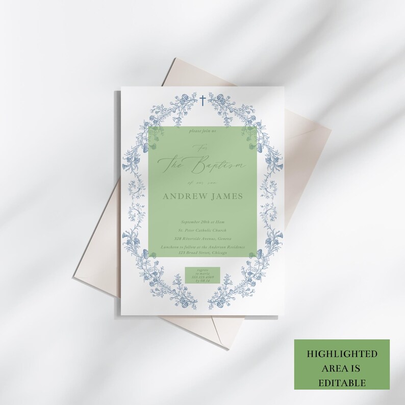 Puede incluir: Invitaci&oacute;n de bautizo con un dise&ntilde;o de corona floral en azul y verde. La invitaci&oacute;n presenta el texto "El bautismo de nuestro hijo Andrew James" y otros detalles. Las palabras "Highlighted Area is Editable" tambi&eacute;n son visibles.