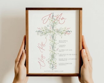 Gepersonaliseerde doopcadeau meisje doopcadeau afdrukbare doopgebed teken bloemen kruis doopgebed kunst babytoewijding foto