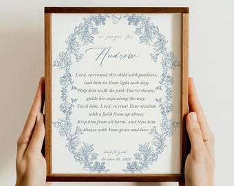 Oración de bautismo imprimible, letrero de oración personalizado en chinoiserie azul, regalo de padrinos, regalo de bautismo para niño y niña, descarga digital