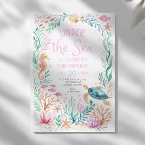 Pink Under the Sea Birthday Invitation, Girls Birthday Ocean Animals Bday (Digital Download) O8165