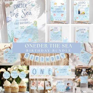 May include: A collection of "Onder the Sea" themed birthday party decorations. Includes invitations, welcome signs, cupcake toppers, banners, food labels, and water bottle labels. The designs feature aquatic creatures and the text "Onder the Sea" and "Colin's First Birthday".