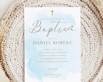 Baptism Invitation Template Printable Blue Baptism Invite Boy Baptism Invitation Blue Gold Baptism Christening Invite Editable Template
