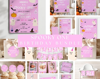 Halloween 1st Birthday Invitation Bundle Pink, Halloween Spooky One Invite Girl, Halloween 1st Birthday Party Decorations Printable Pink