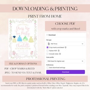 Puede incluir: Un gr&aacute;fico de descarga digital con el texto "Descarga e impresi&oacute;n" y "Imprime desde casa". La imagen incluye una invitaci&oacute;n a la "Dress Up Tea Party" con vestidos de princesa. Se muestran opciones de descarga de PDF con marcas de corte y sangrado.