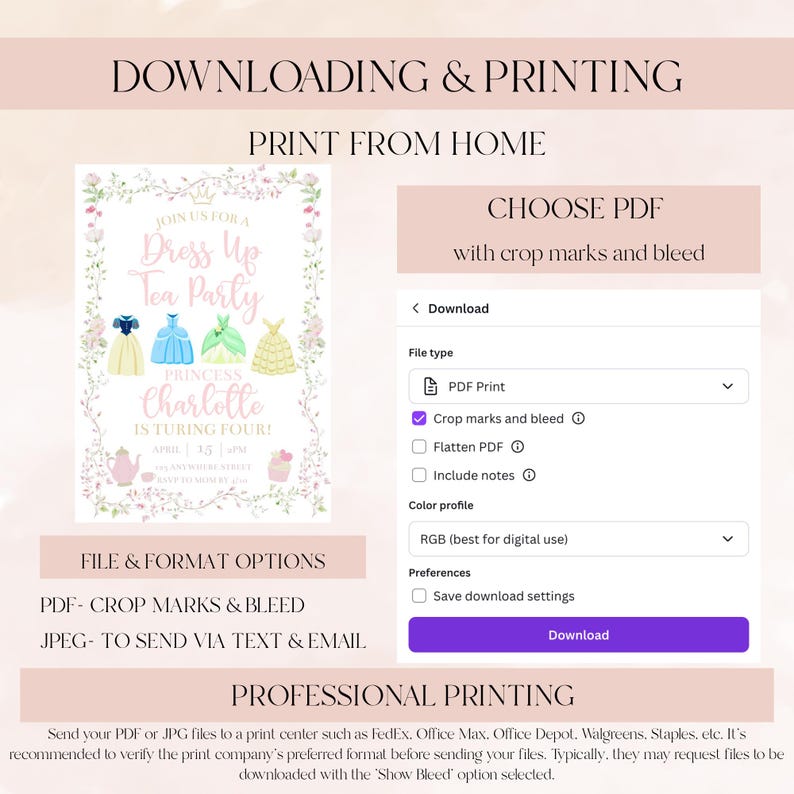 Puede incluir: Un gr&aacute;fico de descarga digital con el texto "Descarga e impresi&oacute;n" y "Imprime desde casa". La imagen incluye una invitaci&oacute;n a la "Dress Up Tea Party" con vestidos de princesa. Se muestran opciones de descarga de PDF con marcas de corte y sangrado.