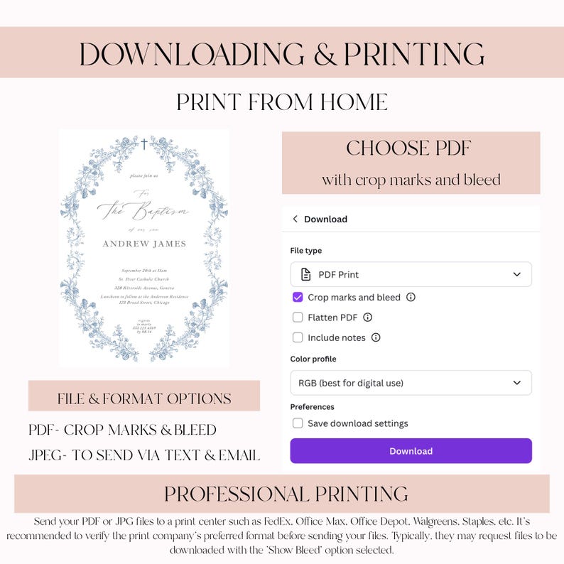 Puede incluir: Pantalla de descarga digital para invitaciones de bautizo. El dise&ntilde;o presenta una corona floral y el texto "The Baptism" y "Andrew James". Opciones PDF y JPEG, con marcas de corte y sangrado. Instrucciones de impresi&oacute;n.