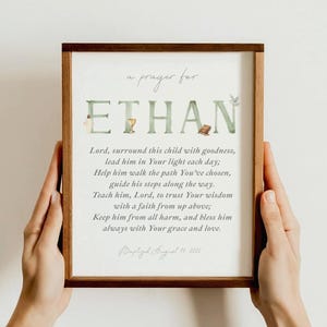 Op de afbeelding: Een ingelijste print met een bruine houten lijst. De print toont de naam "ETHAN" in grote letters in aquarel-stijl. Daaronder staat een gebed en de datum "17 augustus 2025" staat onderaan. De print wordt door twee handen vastgehouden.