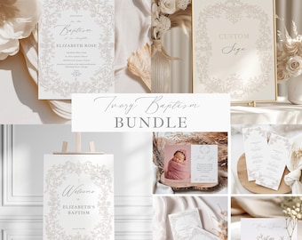 Bearbeitbare Taufeinladungs-Bundle-Vorlage, Elegantes Vintage-Ivory-Taufset, digitaler Download, I3194