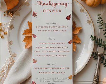 Printable Thanksgiving Dinner Menu Template, Minimalist Fall Leaves Dinner Menu, 4x9" Menu Digital Download, H76L