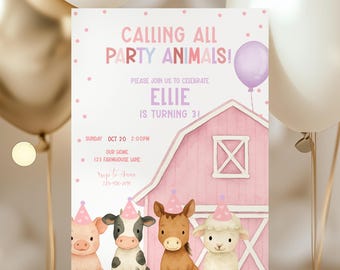 Girls Farm Birthday Invitation Template, Pink Barn Party Animals Invite, Barnyard Party, Petting Zoo Birthday Party, Farm Animal Party F3421