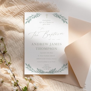 Baptism Invitation, Boys Minimalist Baptism Invite, Editable Christening Template, Green Foliage Baptism, Dedication Announcement Card
