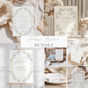 May include: A collection of vintage baptism stationery, including invitations, welcome signs, and thank you cards. The designs feature floral wreaths and elegant typography. The bundle includes a sign that says "Custom Sign". The overall color scheme is soft and neutral.