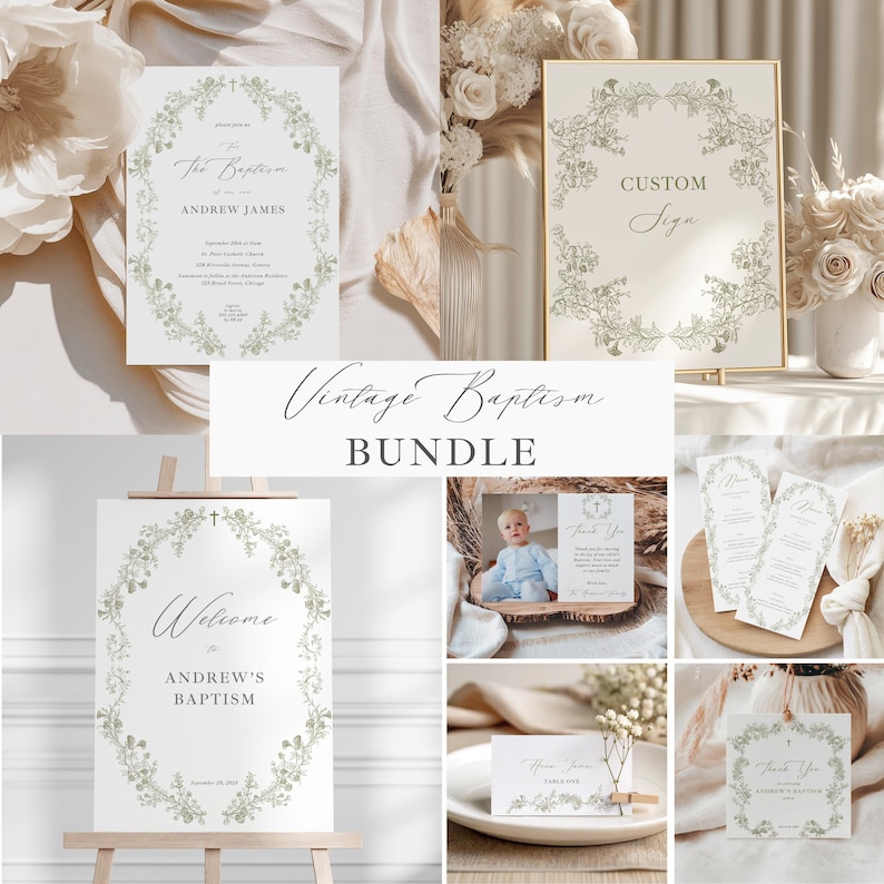 May include: A selection of vintage baptism stationery, including invitations, welcome signs, and thank you cards. The designs feature floral wreaths and elegant typography. The bundle includes a sign that says "Custom Sign". The overall colour scheme is soft and neutral.