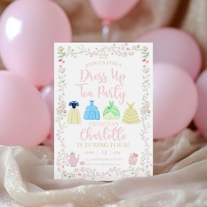 Puede incluir: Una invitaci&oacute;n a una fiesta con el texto "Join Us For A Dress Up Tea Party" y "Princess Charlotte is Turing Four!" est&aacute; rodeada de globos rosas. La invitaci&oacute;n presenta ilustraciones de vestidos de princesa y detalles florales.