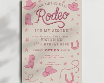 Invitación para mi segundo rodeo, plantilla para mi segundo rodeo, invitación para el segundo cumpleaños de una niña, fiesta de rodeo "No es mi primera", invitación para el cumpleaños de una vaquera
