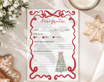 May include: A white Dear Santa letter with red decorative border and text. The letter includes fill-in-the-blank sections for name, age, behavior, and Christmas wishes. A Christmas tree illustration is at the bottom.