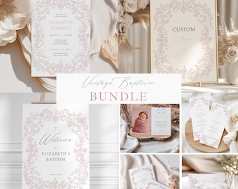 Editable Baptism Bundle Template for Girls, Elegant Vintage Dusty Rose Floral Christening Invitation Set, Digital Download, V2350
