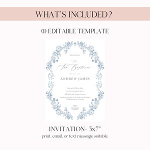 Puede incluir: Una plantilla de invitaci&oacute;n de bautizo con un borde floral azul claro. La invitaci&oacute;n incluye el texto "The Baptism" y el nombre "Andrew James". La invitaci&oacute;n mide 12,7 x 17,78 cm y es adecuada para imprimir, enviar por correo electr&oacute;nico o por texto.