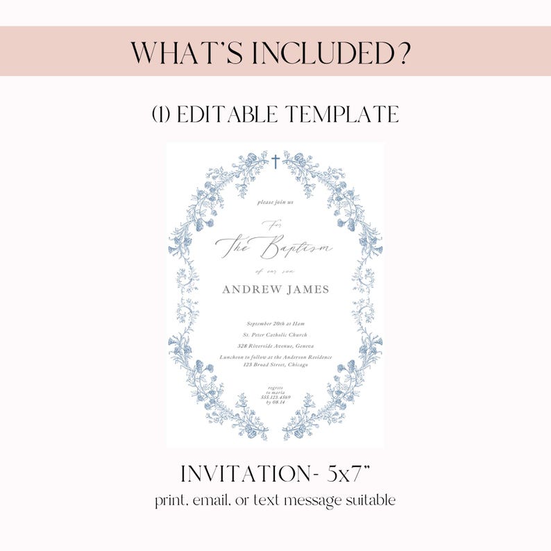 Puede incluir: Una plantilla de invitaci&oacute;n de bautizo con un borde floral azul claro. La invitaci&oacute;n incluye el texto "The Baptism" y el nombre "Andrew James". La invitaci&oacute;n mide 12,7 x 17,78 cm y es adecuada para imprimir, enviar por correo electr&oacute;nico o por texto.