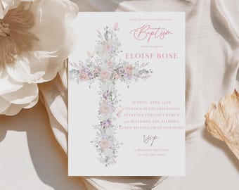 Plantilla de invitación para bautizo de niña, invitación floral imprimible, invitación floral de mariposa rosa y morada, plantilla de bautizo Evite