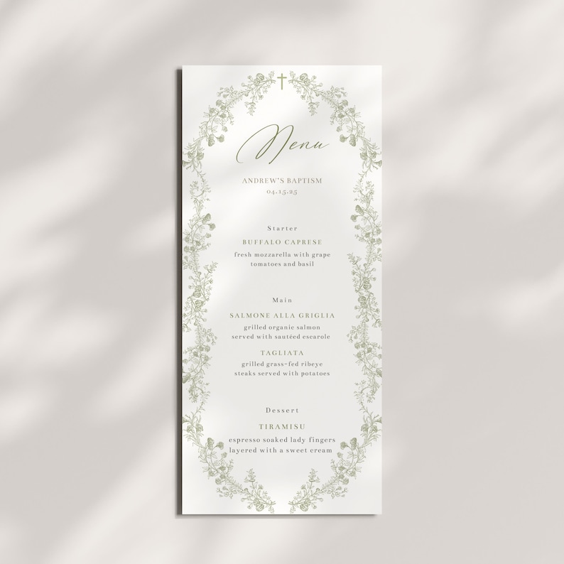 May include: A baptism menu card with a floral border. The menu includes starters, main courses, and dessert. The menu is for Andrew's Baptism on 04-15-03.