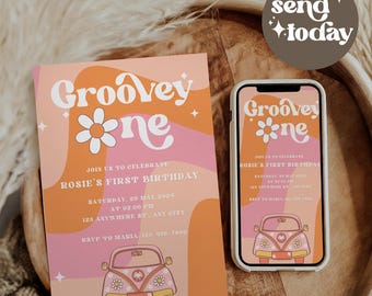 Invitación de primer cumpleaños de Groovy One Girl, invitación para fiesta de primer cumpleaños, invitación digital de cumpleaños retro Daisy, invitación de primer cumpleaños boho