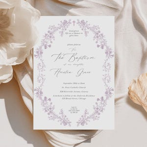 Baptism Invitation Template, Printable Girls Baptism Invite, Vintage Chinoiserie Baptism Invitation, Dusty Pink Girl Christening Invite