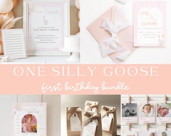 One Silly Goose First Birthday Bundle Vintage Style Pink Gingham Silly Goose Birthday Decor Bundle Silly Goose Theme Girls 1st Birthday