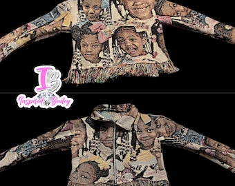 May include: A colorful woven jacket with a fringe trim. The jacket is covered in images of children's faces.