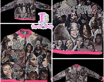 May include: A black and pink bomber jacket with a collage of faces and the text "I'M 21 BITCO" printed on the front.